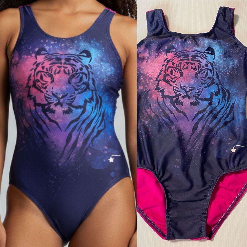 Destira elite gymnastics tank blue hot pink back leotard tiger XLC child